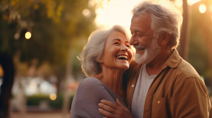 Fototapeta premium Senior Caucasian couple hugging in park. Family with a happy smile feels relaxed with nature in the morning. Or in the evening. Enter elderly society And retire from work. Concept health insurance
