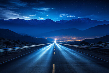 Journey down a dark wet road to the city in the valley, mountain range in the background