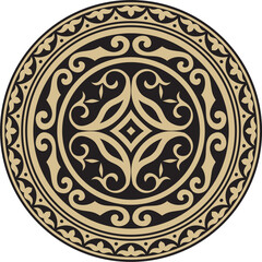 Vector golden and black round Kazakh national ornament. Ethnic pattern of the peoples of the Great Steppe, .Mongols, Kyrgyz, Kalmyks, Buryats. circle, frame border.