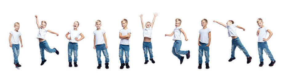 A boy in jeans and a white T-shirt stands, jumps, and walks. Happy childhood, energy and movement. Full height. Isolated on a white background. Collage, set. Panorama format.