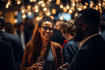 Black couple mingling at a social event, bokeh background