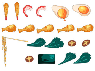 set of colorful trendy tasty looking ramen, chicken, vegetables, seaweed, shrimp illustration,food and foodies arrangement background image,tasty looking, vector stock illustrations