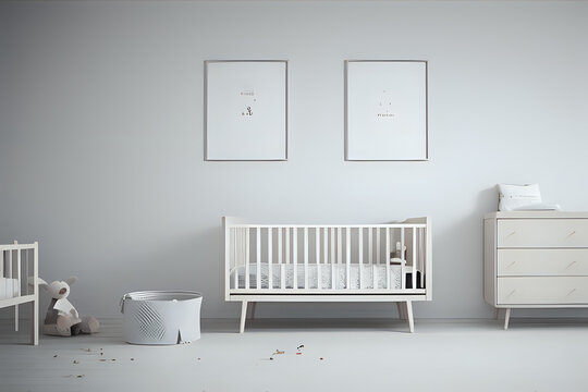 Empty frame mock up in child bedroom, Scandinavian unisex nursery design, 3d render, 3d illustration. Baby bedroom with a crib