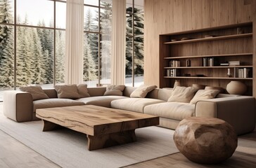 Sofa with pillows and blanket, with wooden paneling wall. Scandinavian style home interior design of modern living room.