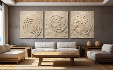 Living room with wooden walls and furniture, in the style of soft and rounded forms, naturalistic realism, earth tones, minimalist sets, minimalist and monochromatic, wood, exotic atmosphere