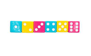 a row of colored dice on a transparent background 