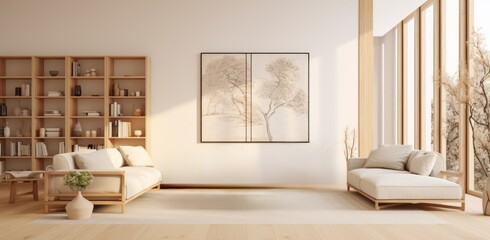 Living room with wooden walls and furniture, in the style of soft and rounded forms, naturalistic realism, earth tones, minimalist sets, minimalist and monochromatic, wood, exotic atmosphere