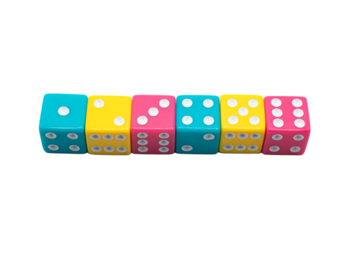 row of colorful dice on a transparent background - Powered by Adobe