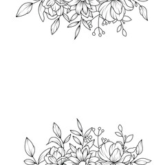 border with flower sketches, hand drawn black and white flowers