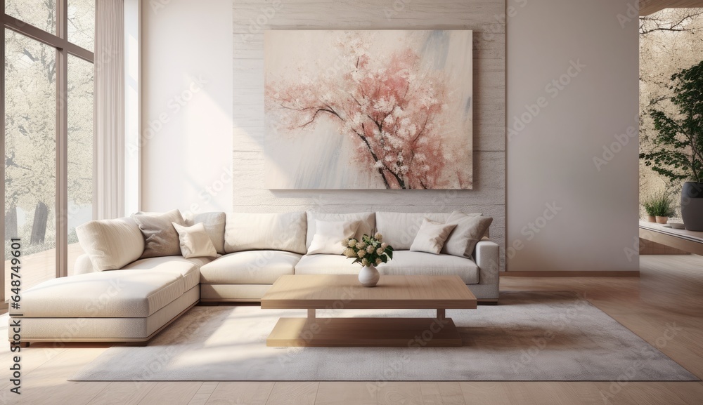 Wall mural scandinavian style living room. modern interior with frames on the wall