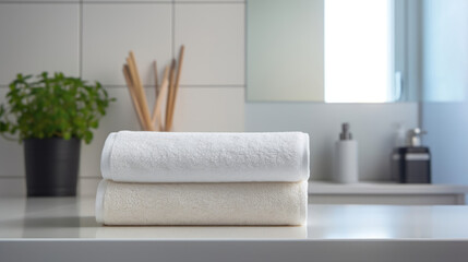 Fototapeta na wymiar A plain white hand towel in a minimalistic bathroom
