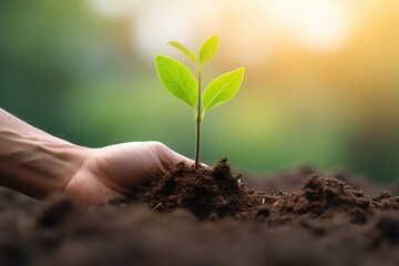 Human hand holding green seedling growing from soil on blurred nature background, Ecology concept. - obrazy, fototapety, plakaty