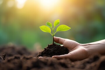 Human hand holding green seedling growing from soil on blurred nature background, Ecology concept.