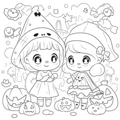 Halloween party for kids, black and white coloring page for kids and adults , line art, simple cartoon style, happy cute and funny , illustration Vector