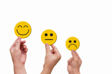 Customer service and business satisfaction survey concept, the  smiling  face emoticon on isolate white background to feedback rating, selective focus.
