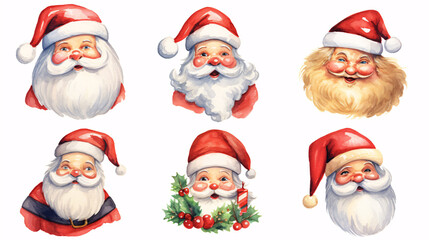 Set of Watercolor Illustration: Portrait of Santa Claus on white background