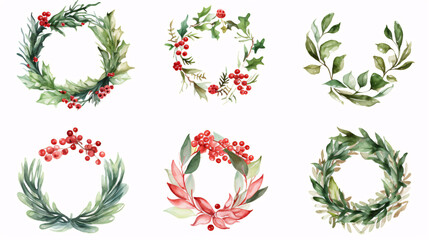 Watercolor drawing. Set of Christmas wreaths. New Year's festive wreaths, round frames of green and red color from leaves and coniferous branches with red berries.