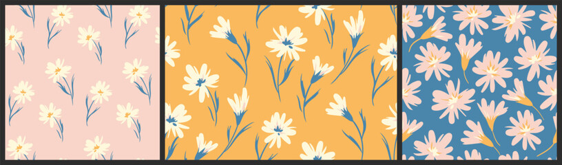 Fototapeta na wymiar Seamless floral pattern, cute ditsy print in trendy colors in a collection. Artistic botanical background design with retro motif: simple hand drawn plants, small flowers, leaves. Vector illustration.