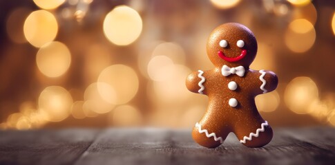 Gingerbread man on a bokeh background with copy space