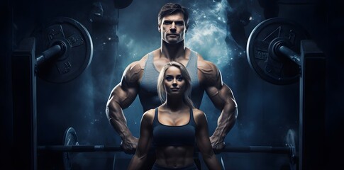 Fototapeta na wymiar Athletic couple flexing their muscles after working out in a gym