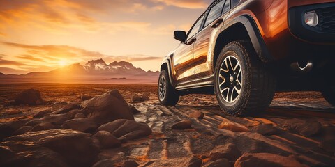 Close-up of an off-road car with sunset in the background - obrazy, fototapety, plakaty