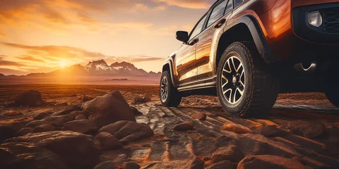  Close-up of an off-road car with sunset in the background © Roni