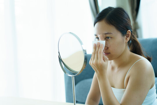 Close Up Of Happy Asian Beautiful Woman Portrait During Her Face And Nose Covered By Soft Splint After Have A Beauty Plastic Surgery