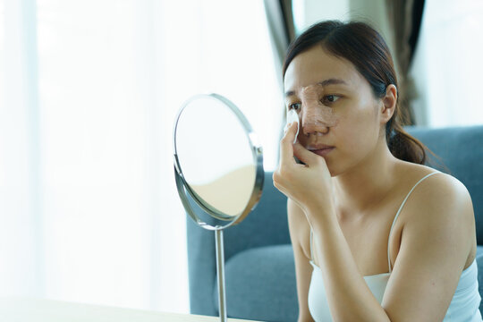 Close Up Of Happy Asian Beautiful Woman Portrait During Her Face And Nose Covered By Soft Splint After Have A Beauty Plastic Surgery