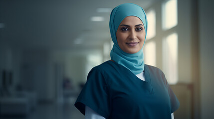 In this closeup, a friendly Muslim nurse beams with confidence.. - obrazy, fototapety, plakaty