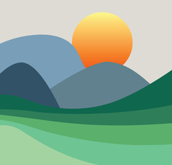 Obraz premium Abstract geometric area sunrise behind the mountain- Modern art green mountain wallpaper.