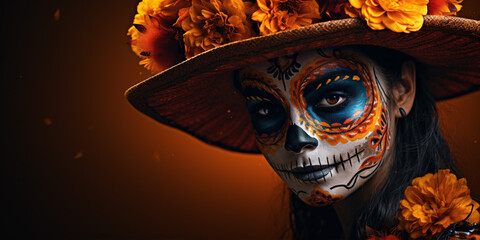 A woman wearing sugar skull makeup against a blank backdrop, celebrating Day of the Dead in Mexico. Portrait of Calavera Catrina.