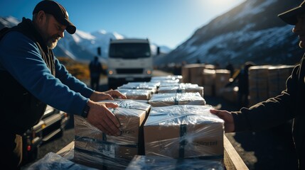 The truck with cardboard boxes, the movers are going to unload the car with mail delivery. Mail delivery service