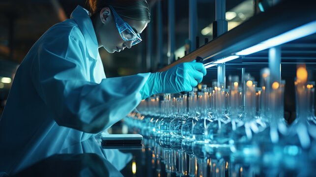 A medical laborant technician wearing gloves takes the form of a solution with a pipette from a glass flask