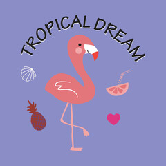 Obraz premium Flamingo art and tropical dream lettering vector design