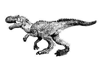 black dinosaur silhouette isolated on white background, model of giganotosaurus toy