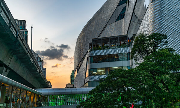 Bangkok, Thailand - Dec 30, 2023: View from the skywalk to see Central Embassy, the large luxury shopping mall in the downtown of the capital city.