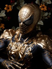 Superhero man in gold mask with golden patterns in the form of web. AI