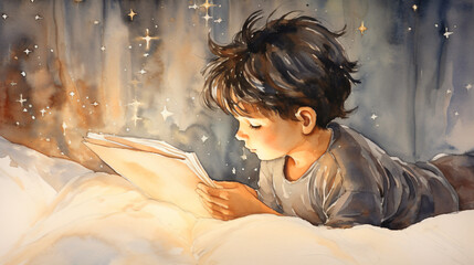 ベッドに寝巻きで寝そべって本を読む男の子の水彩画 - obrazy, fototapety, plakaty