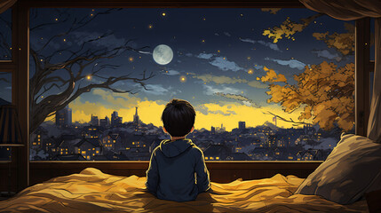 ベッドに座って窓から秋の満月を眺めている少年の後ろ姿 - obrazy, fototapety, plakaty