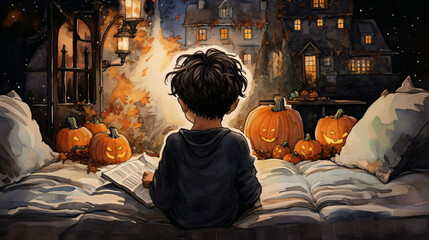 ハロウィンの飾りつけをしたベッドに座って本を読んでいる少年の後ろ姿の水彩画 - obrazy, fototapety, plakaty