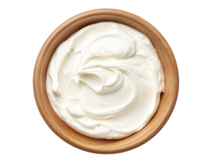 Wooden bowl with sour cream isolated on transparent background, top view