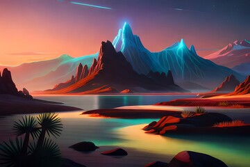 Beautiful neon light on a mountain 