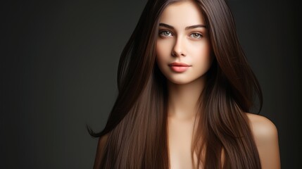 Fototapeta premium Photo of a beautiful young model with long shiny brown hair. Keratin straightening. Treatment. Care. Smooth hairstyle.