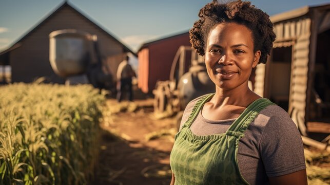 African female farmer standing in a farm and farming on a sunny day.