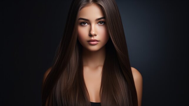 A beautiful young model with long shiny brown hair. Keratin straightening. Treatment. Care. Smooth hairstyle.