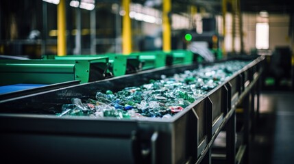 Obraz premium Conveyor belt with recycled plastics in the factory waste management concept