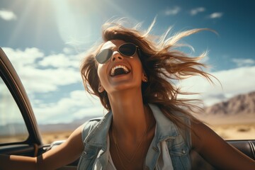 Feel free on the road, cropped image, hanging outside the car window while enjoying the journey.