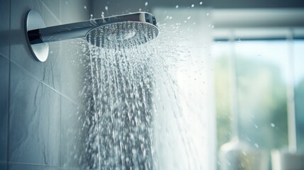 a fresh shower behind a wet glass window with water drops splashing from the shower head and faucet in a modern bathroom.