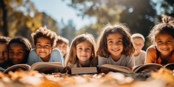 Children, Books, And Hanging Out In The Park With Friends. Learning Or Diversity In Reading At The School Playground. Children, Study Or Education