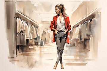 watercolor painting of beautiful woman shopping with a fashion modern style.